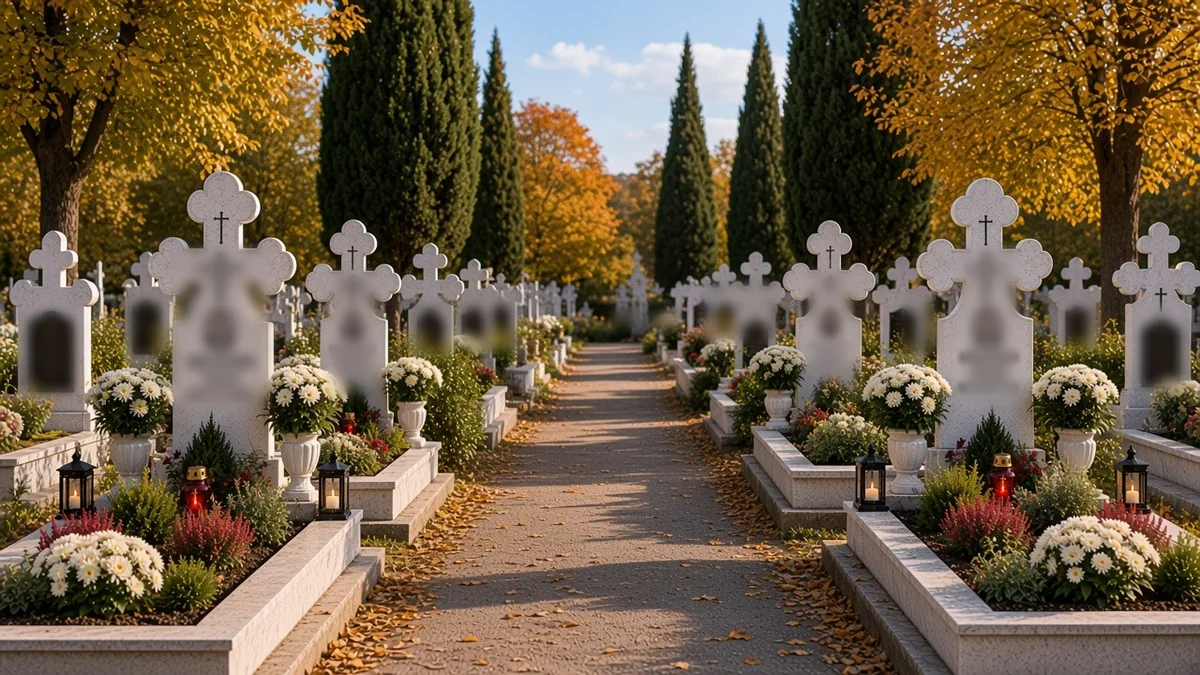 Imagine de atmosferă: o alee de cimitir românesc cu monumente albe cu cruci treflate, chiparoși și crizanteme, toamna
