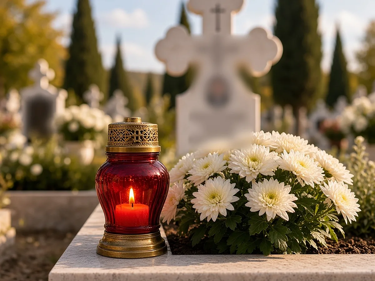 Imagine de atmosferă: o candelă roșie aprinsă și crizanteme albe pe un mormânt, cu un monument alb cu cruce treflată în fundal