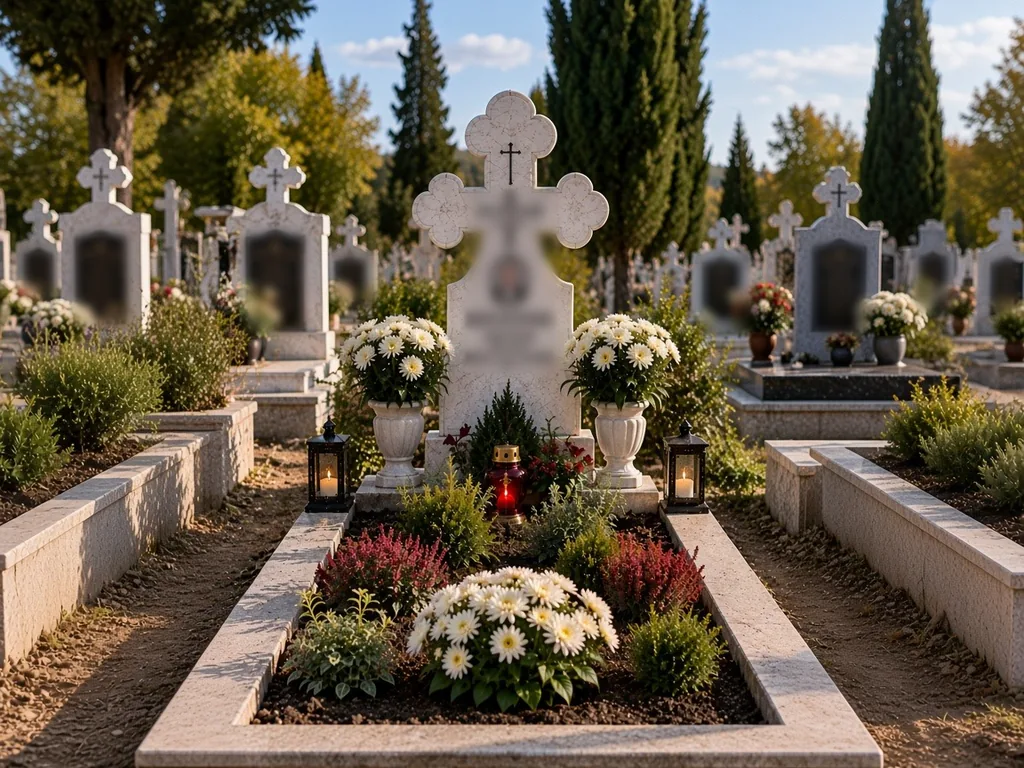 Imagine de atmosferă: un mormânt ortodox îngrijit, cu cruce de granit cu trei brațe, candelă roșie aprinsă, lumânări și crizanteme albe și galbene, într-un cimitir românesc toamna