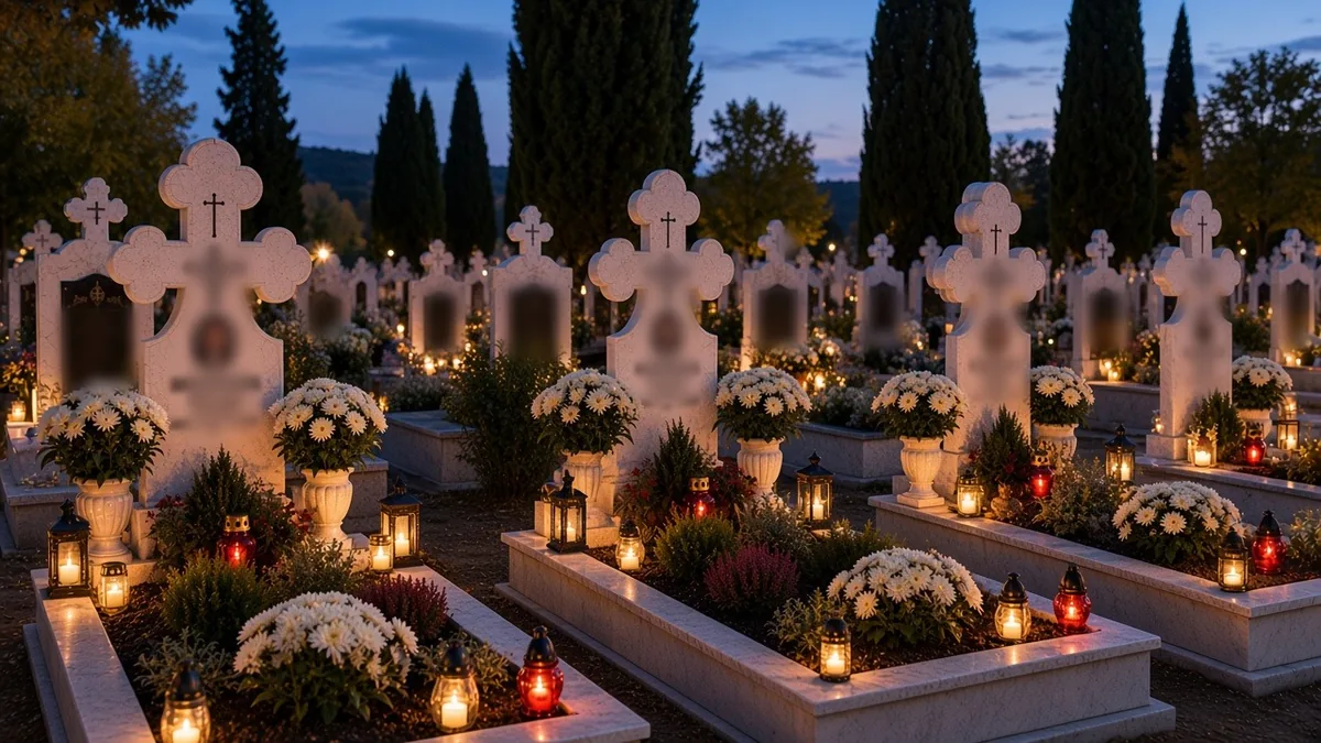 Imagine de atmosferă: candele și felinare aprinse la monumente albe cu cruci treflate, în seara de Luminație